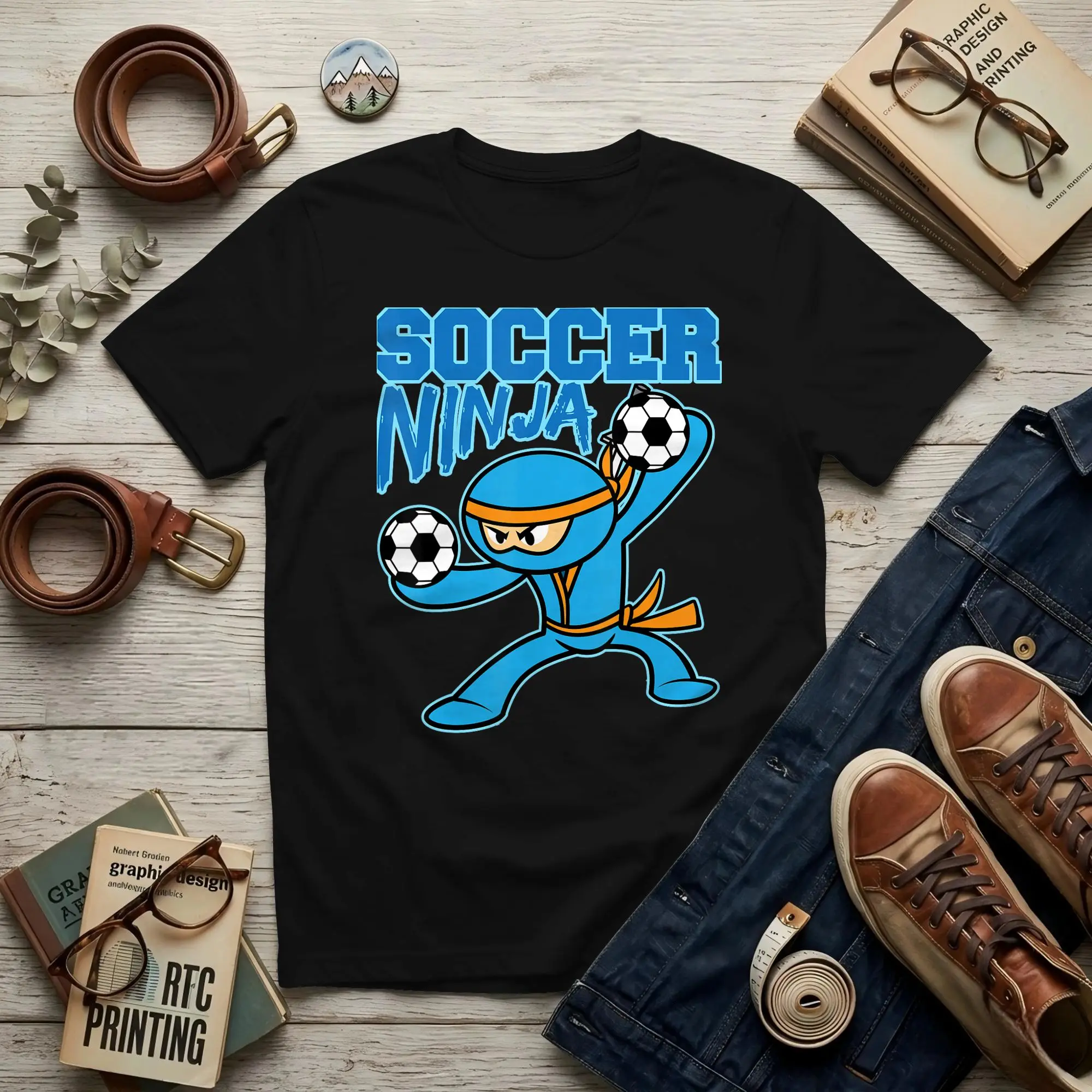 Soccer Ninja Player Cute Football Lovers Men T Shirts Soccer Tees Short Sleeve Crewneck Cotton New Arrival Clothes T-Shirt
