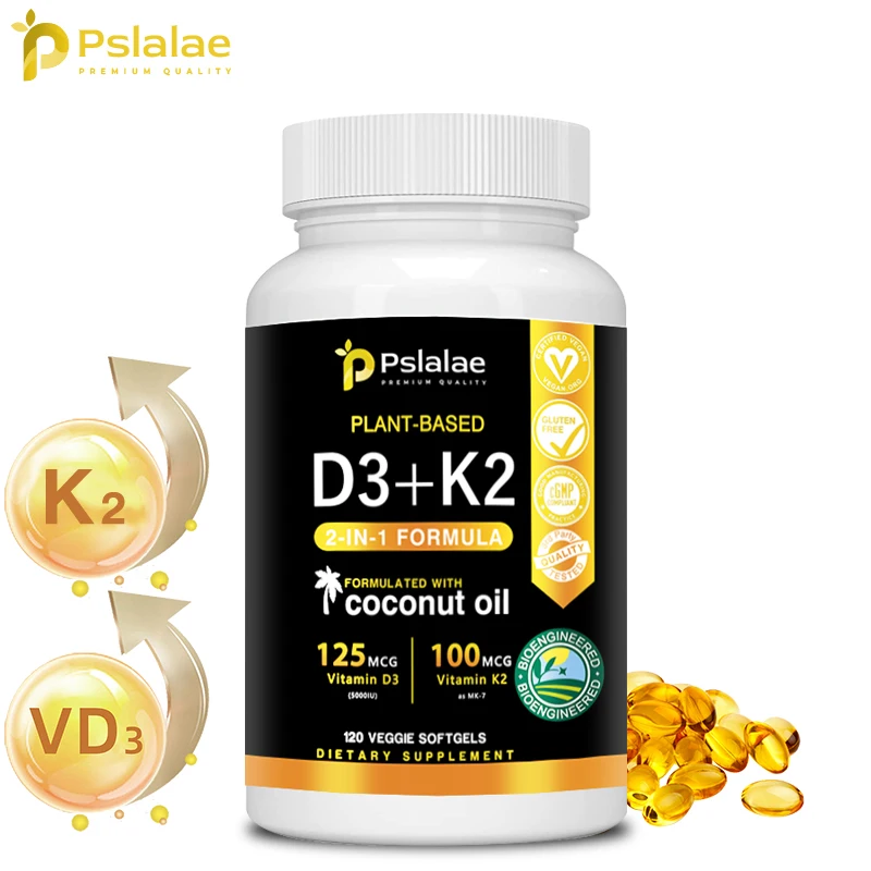 

Vitamin D3 + K2 Capsules - Contains Coconut Oil, Supports Bone and Joint Health, Promotes Absorption, and Enhances Immunity