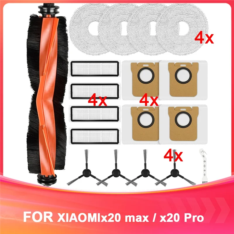 ABKR-ملحقات للمكنسة الكهربائية الروبوتية Xiaomi Robot Vacuum X20 Max / X20 Pro، مع الفرشاة الرئيسية والمناديل وأكياس الغبار والمرشحات