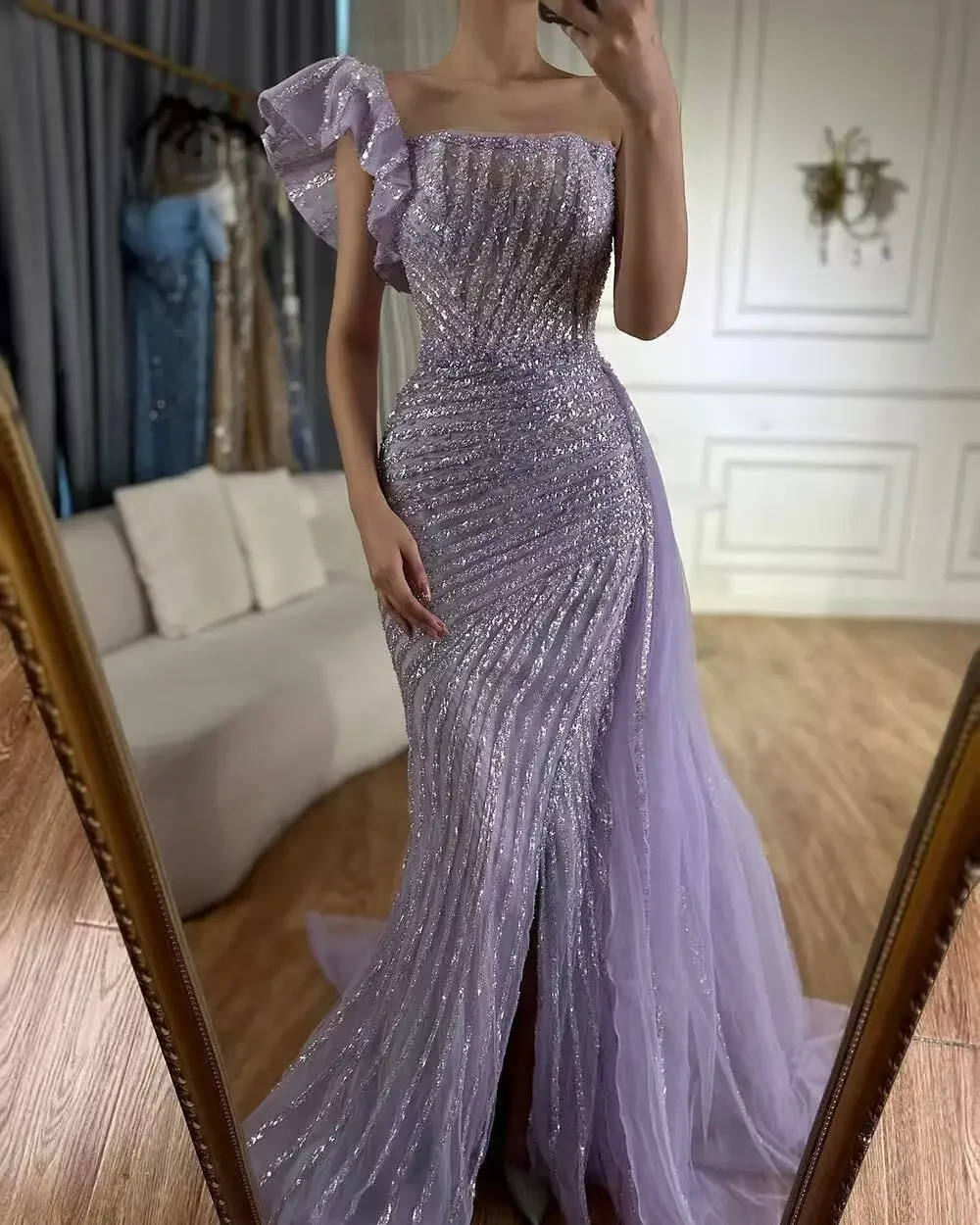 SERENE HILL Customized Lilac Luxury Beaded Mermaid Evening Dress 2025 Arabic Sexy Slit Women Formal Occasion Party Gown GLA72277