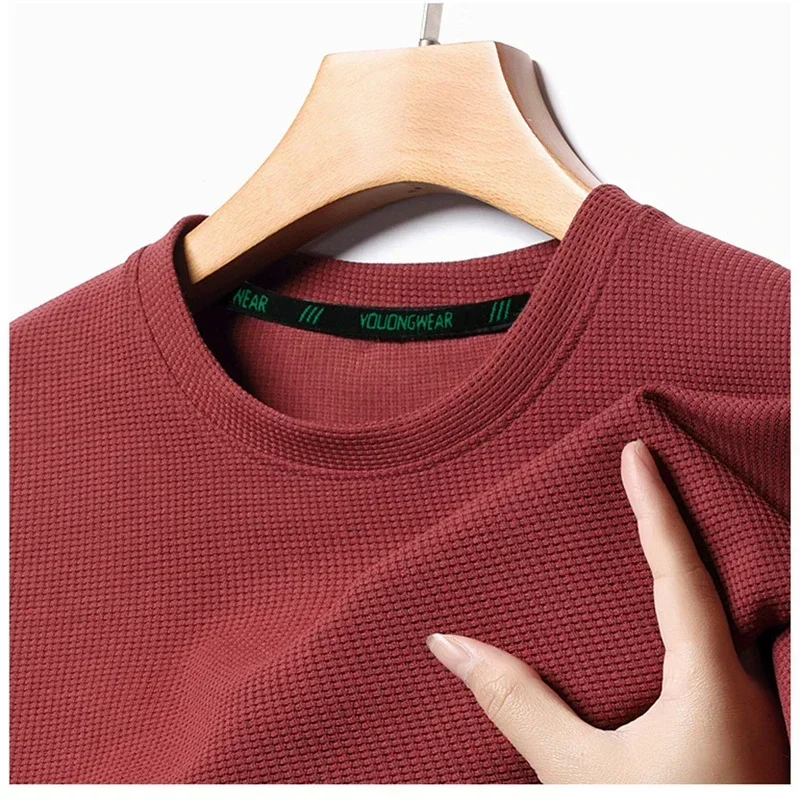 Summer O Neck Short Sleeve T-Shirts for Men Casual Waffle T-Shirt Mens Breathable Soild Tops Fashion T Shirt Tee Man Clothing
