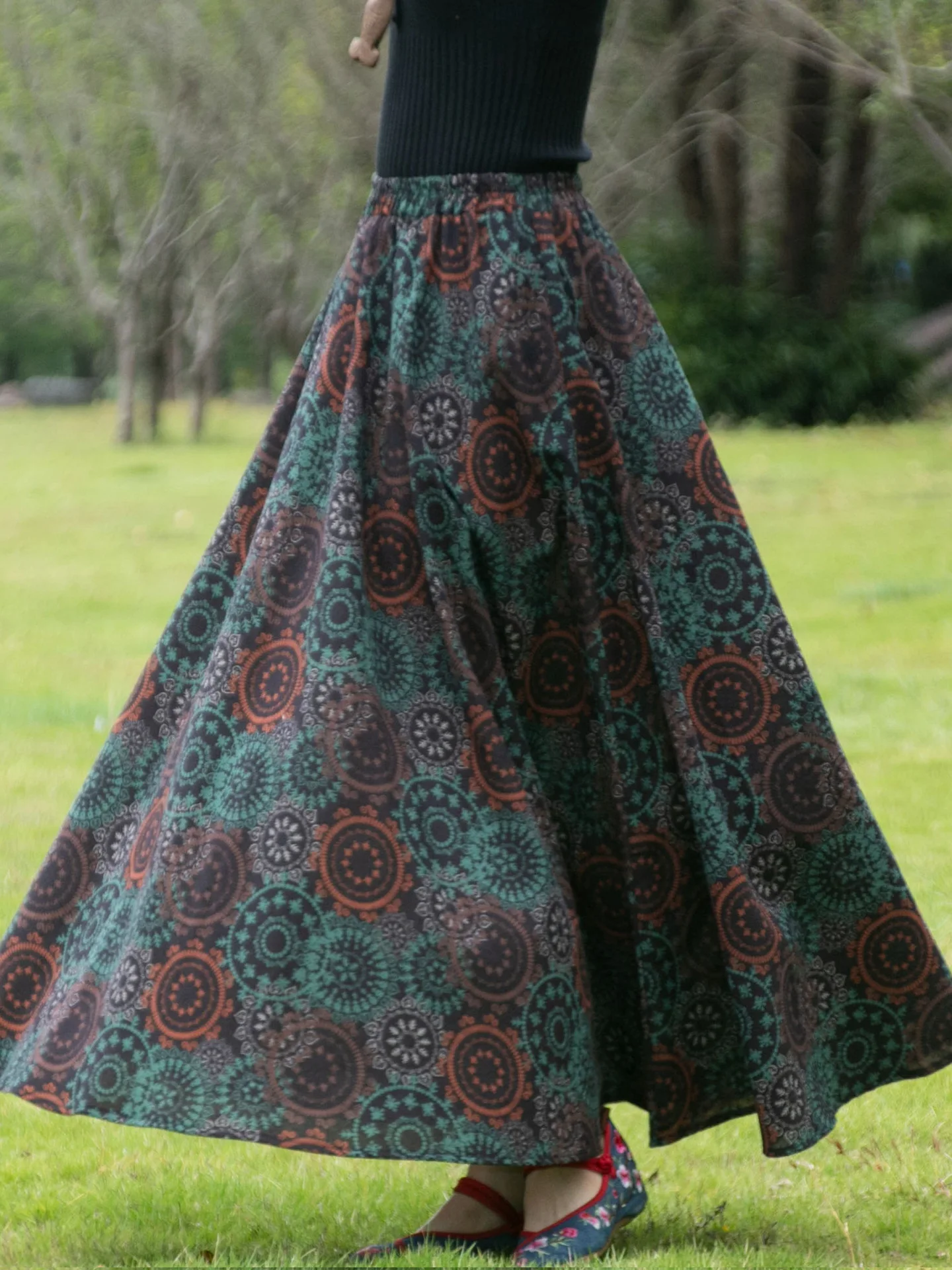 TIYIHAILEY ロングマキシ丈 レディース コットンリネン プリントスカート Aライン ゴム入りハイウエスト 2025 レディース 2025 新作 春秋ファッション