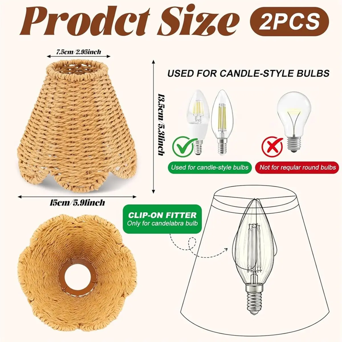 2 Pack Small Rattan Lamp Shades Clip-on Boho Scalloped Woven Lampshades,2.95