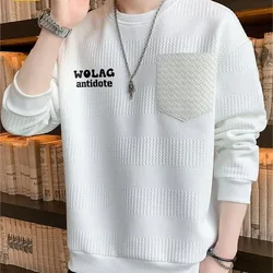 New Spring and Autumn Fashion Trend Print Panel Leather Pocket Round Neck Loose and Versatile Handsome Men's Long Sleeve Sweater