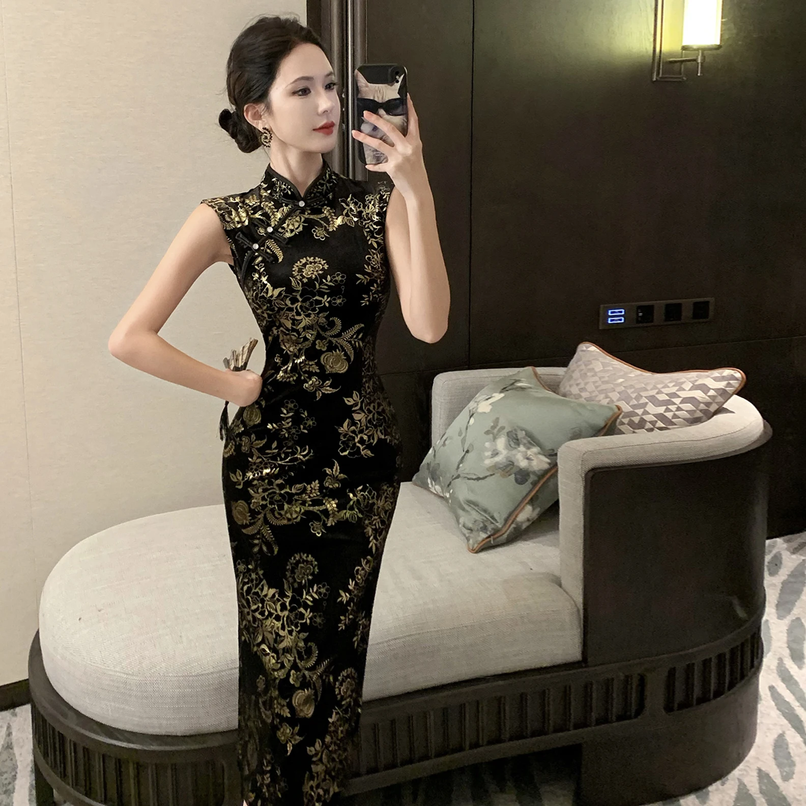 Ele Velvet Retro Qipao Dr Slimming No-Sve فتحة عالية متوسطة الطول للنساء في 20s و30s Sle الصينية