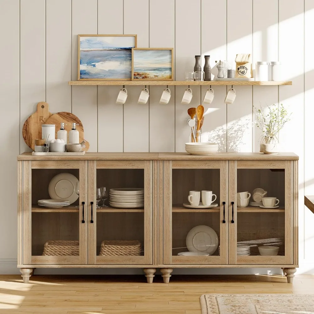 Dressoir Buffetkasten met 4-glazen deur, houten koffiebartafels met verstelbare plank, 2-in-1 multifunctioneel dressoir, kluisje