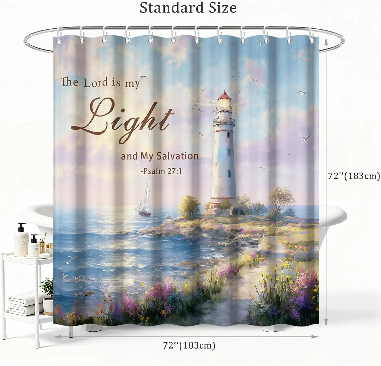 Waterproof Polyester Shower Curtain Coastal Lighthouse Beach Nautical Christian Scripture Bath Decor Inspirational Liners Home G
