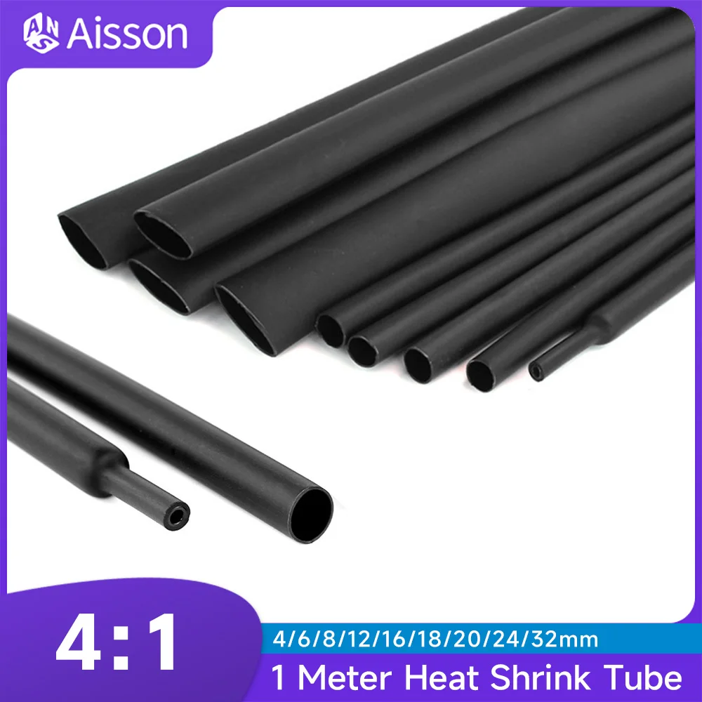 1Meter 4:1 Black Heat Shrink Tube with Glue Heat Shrinkable Tubing Dual Wall Heat Shrink Tubing 4/6/8/12/16/18/20/24/32mm