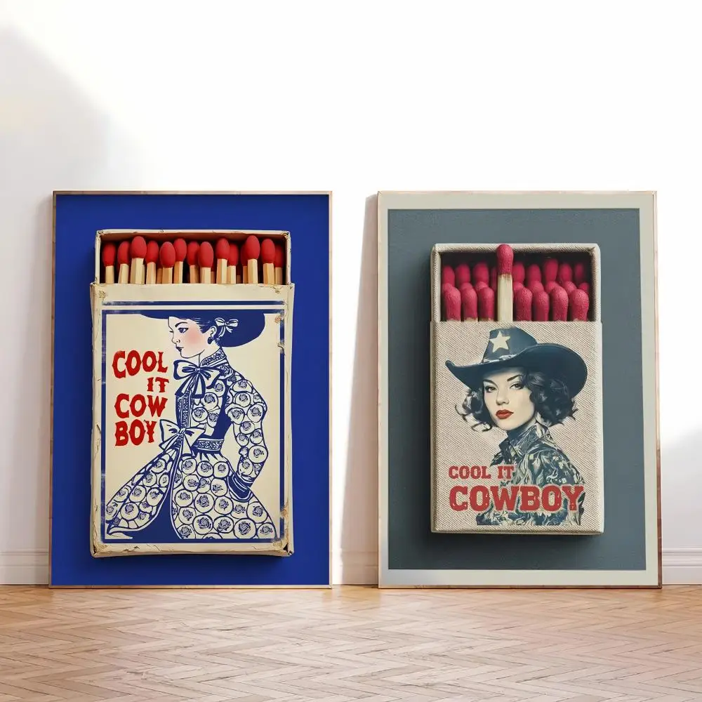 Cool It Cowboy Canvas Poster Matchbook Coastal Cowgirl Chinoiserie Western Blue White Home Decor Gift Painting Calligraphy