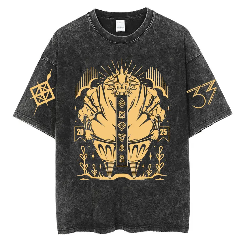 Vintage Washed Clair Obscur Expédition 33 T-shirt Men's Gothic Fashion Harajuku T-shirts Man Clothing Loose Short Sleeve T Shirt
