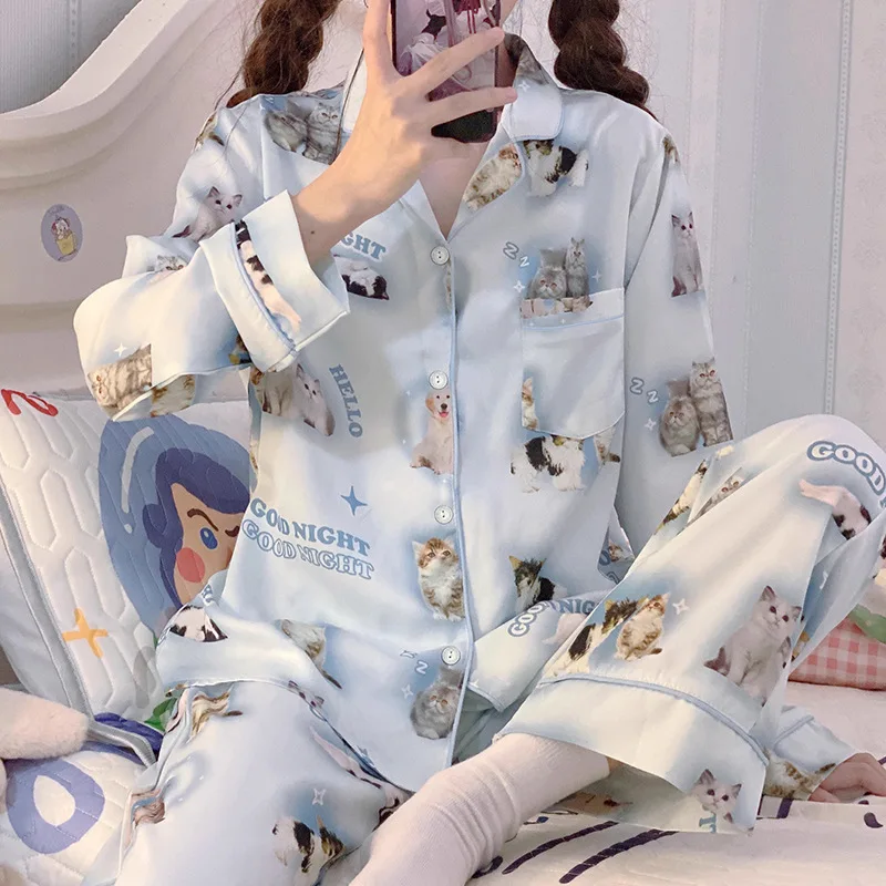 Spring Autumn Blue New Cartoon Cat Pajamas Cute Long Sleeve Pijamas Lapel Cardigan Home Clothes Kawaii Korean Ice Silk Pajama