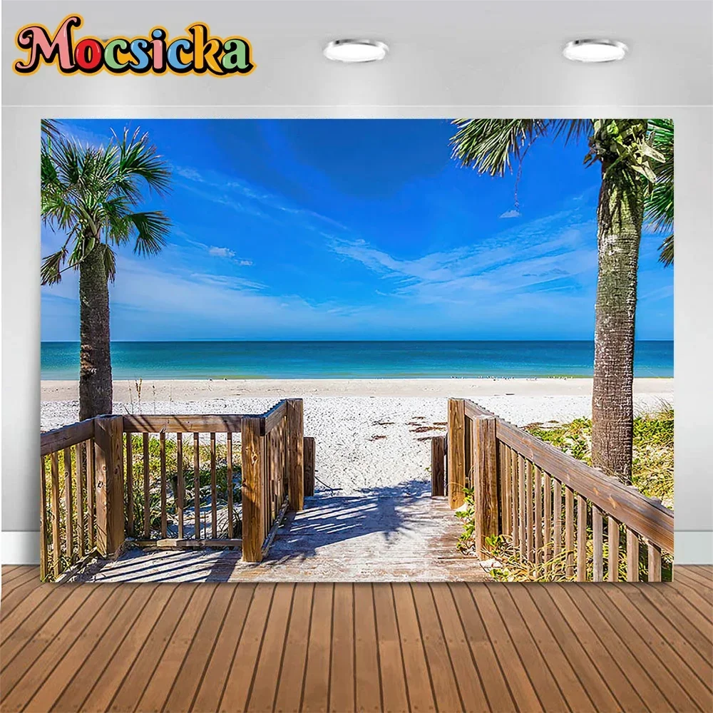 Mocsicka Beach Seaside Studio Photo Shoot Props Decor Wooden Fences Blue Sky Background Summer Wedding Birthday Party Backdrop