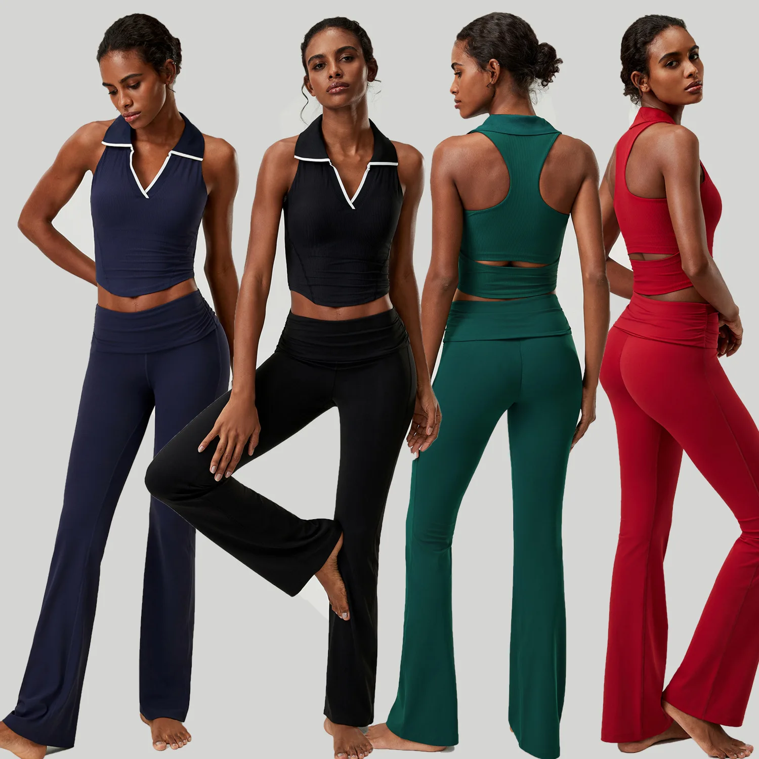 Women 2 Piece Yoga Set Ribbed Polo Neck Tank Top Built-in Bra Fold Waist Flared Leggings Badminton Tennis Pilates Workout Outfit