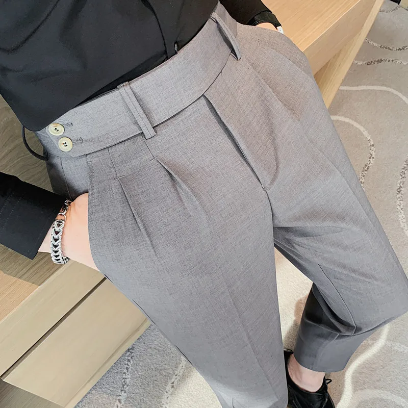 British Style Autumn New High Waist Twill Pleat Design Casual Trousers Fashion Man Slim Fit Simple Social Party Suit Pant 38-28