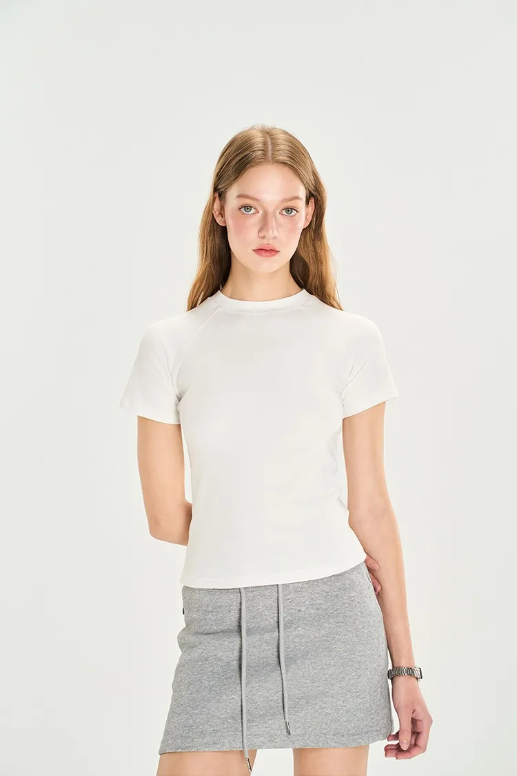 T-shirt da donna con collo semi alto da 260 g, nuovo articolo estivo 2025, camicia inferiore con strato interno tinta unita, camicia a maniche corte