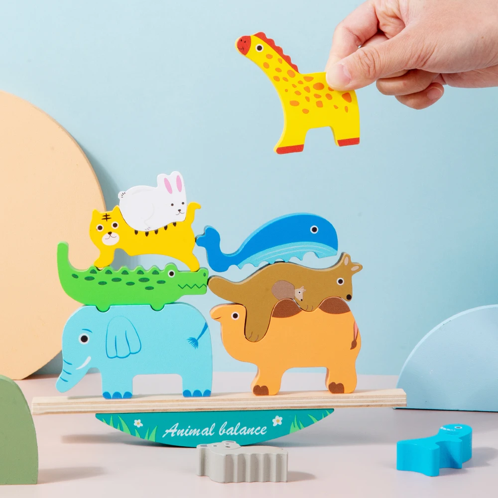 Bloco de empilhamento de animais de madeira, jogo de forma correspondente, quebra-cabeça, brinquedo de equilíbrio montessori, treinamento de motor fino, brinquedos educativos para crianças