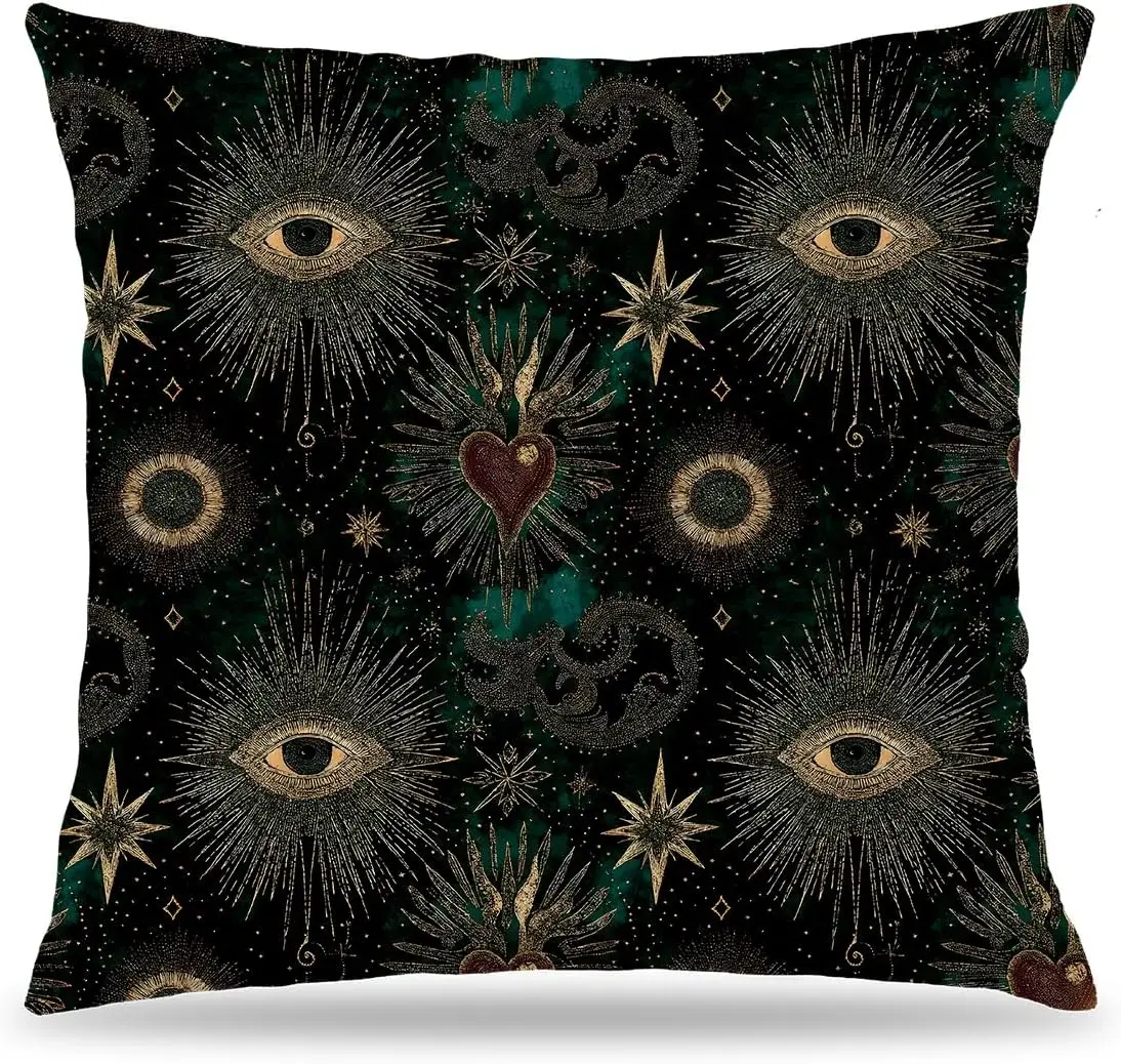 Witchy Whimsigoth Gothic Throw Pillow Cover 18x18 | Dark Academia Mystical Weird Eyes Heart Celestial Decorative Pillow Cover