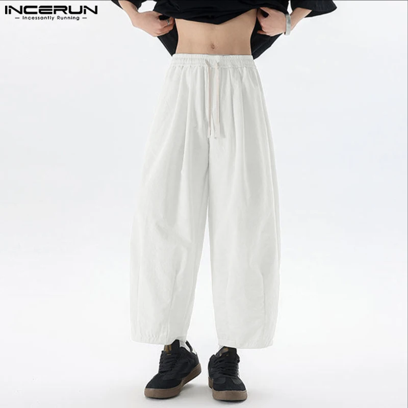 INCERUN Pantaloni Casual da Uomo con Coulisse Pantaloni di Colore Solido Casual Pantaloni a Gamba Larga da Uomo Streetwear 2025 Pantaloni di Stile Coreano di Moda