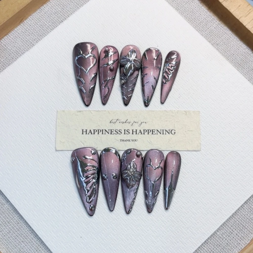 

10 шт., осень-зима, Spice Girl, фиолетовый кошачий глаз, ручная работа, пресс на ногтях, цветы, бабочка, сердце, накладные ногти, съемные, многоразовые