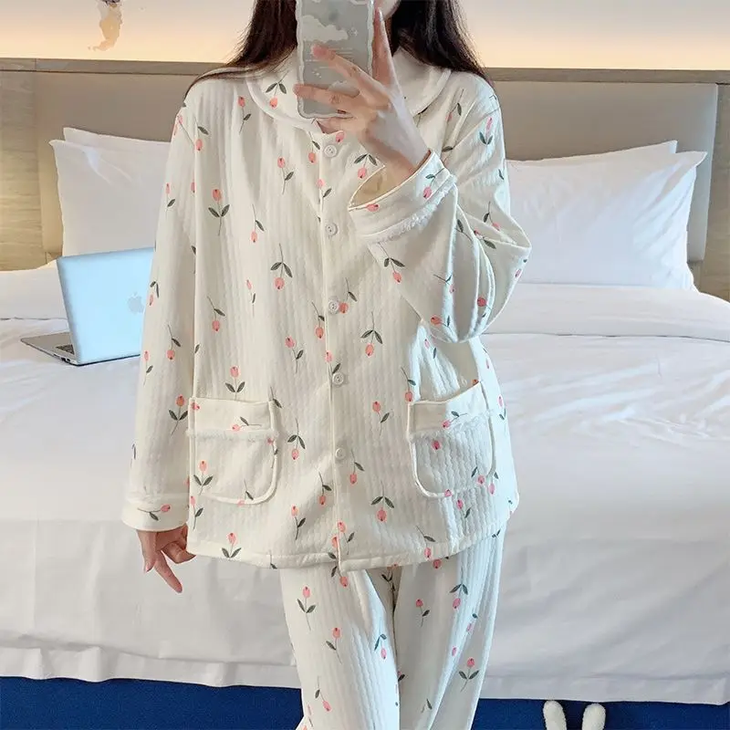 Frauen Pyjama Herbst Winter weiblich große Größe reine Baumwolle Langarm Hosen Nachtwäsche Anzug Tulpe Blume gedruckt Homewear Sets