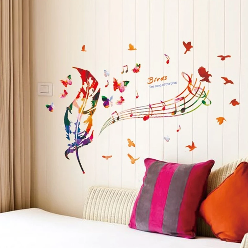 Feather Musical Note Vinyl Wall Stickers for Living Room Kids Bedroom Home Decoration Cartoon Butterfly Bird Romantic Wallpaper