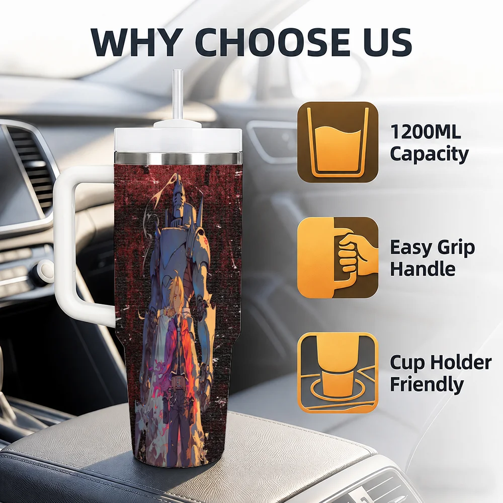 Anime F-FULLMETAL ALCHEMIST Vacuum Flasks 40oz Stainless Steel Insulated Tumbler with Handle Straw