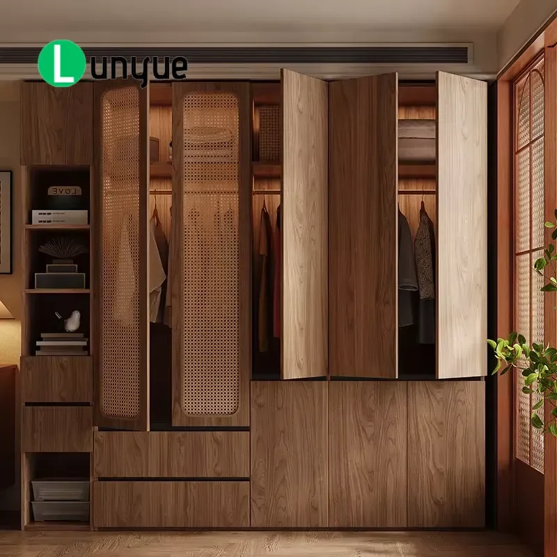 Retro Mid Century Wall Mounted Wardrobe with Rattan Double Doors Hidden Handles Compact Storage Cabinet for Small Bedroom
