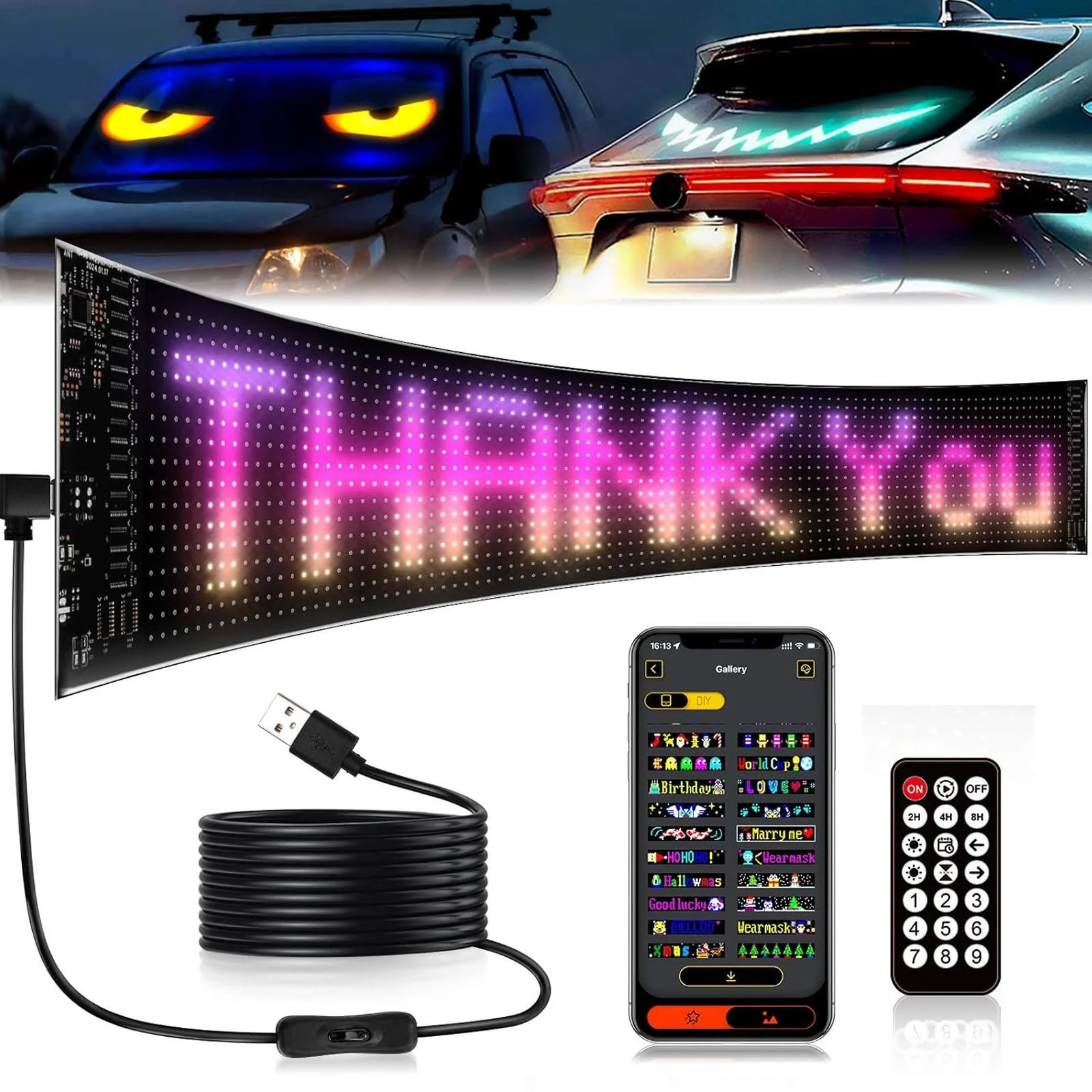 Flexible LED Display Board 190*1762mm 16*192 2121RGB 3072 LEDs DC5V IP65 For App-Controlled Scrolling Soft Screen Cars