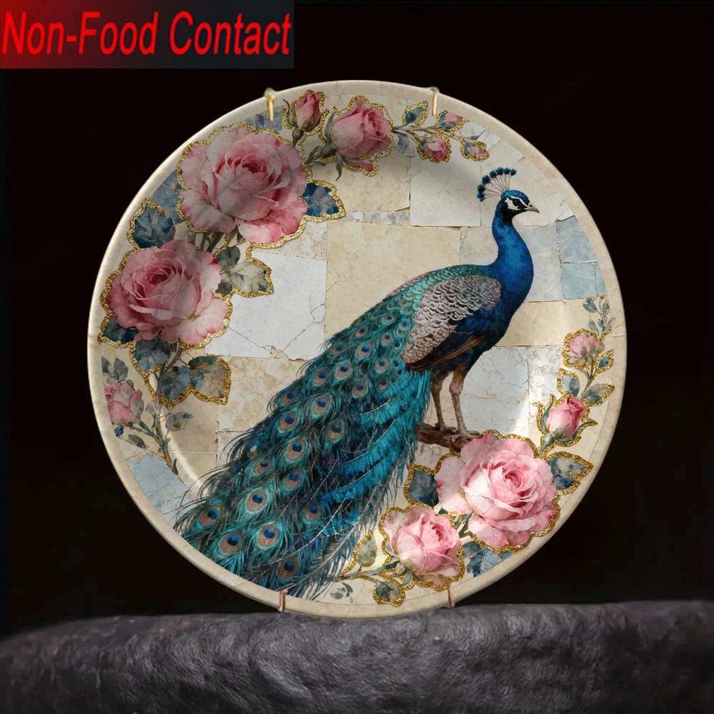 2D 1pc Ceramic Decorative Plate, Peacock and Pink Rose Wreath Pattern, Non-Consumable Pure Decoration, Home Tabletop Art
