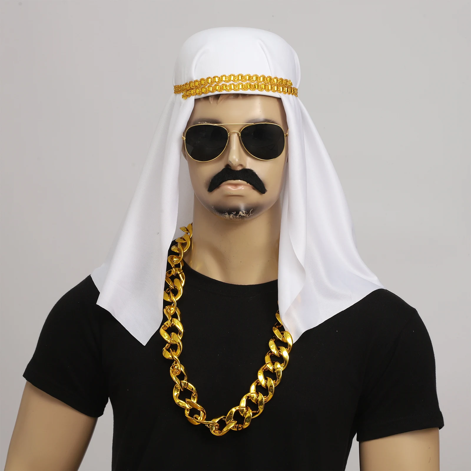 

Halloween Carnival Arabian Cap Cosplay Middle Eastern Dubai Costume Accessories with Hat Beard Glasses Ring Necklace Masquerades