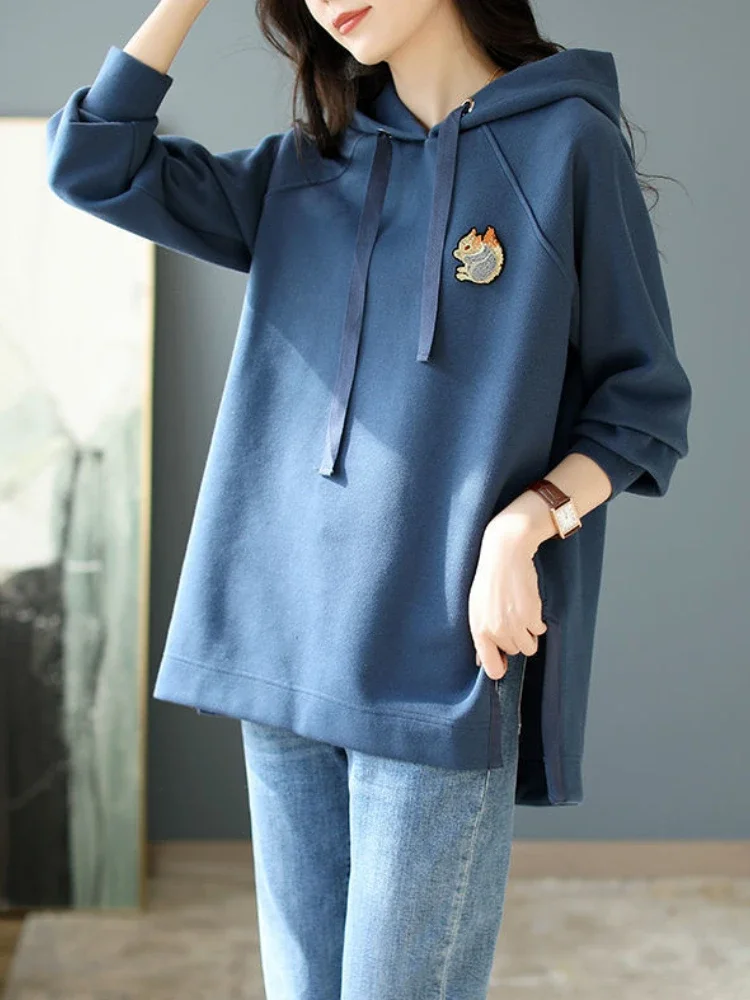 Women\'s Hooded Sweatshirts Plain Slit Female Top Spring and Autumn Hoodies Baggy Loose Long Basic Y2k Style Coat Vintage New In