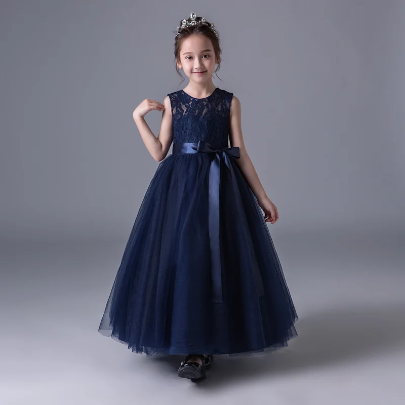 Girls Formal Occasion Dress For Wedding Navy Blue Ball Gown Flower Girl Dresses With Belt