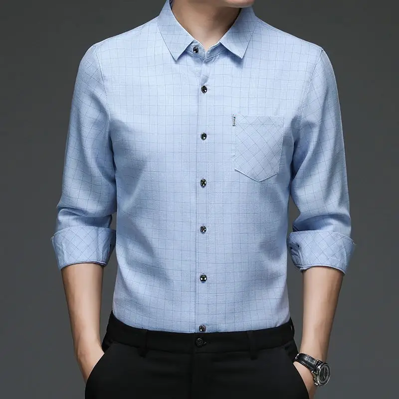 Men Lapel Collar Grid Shirt Long Sleeve With Pocket Business Casual Slim Button Shirt