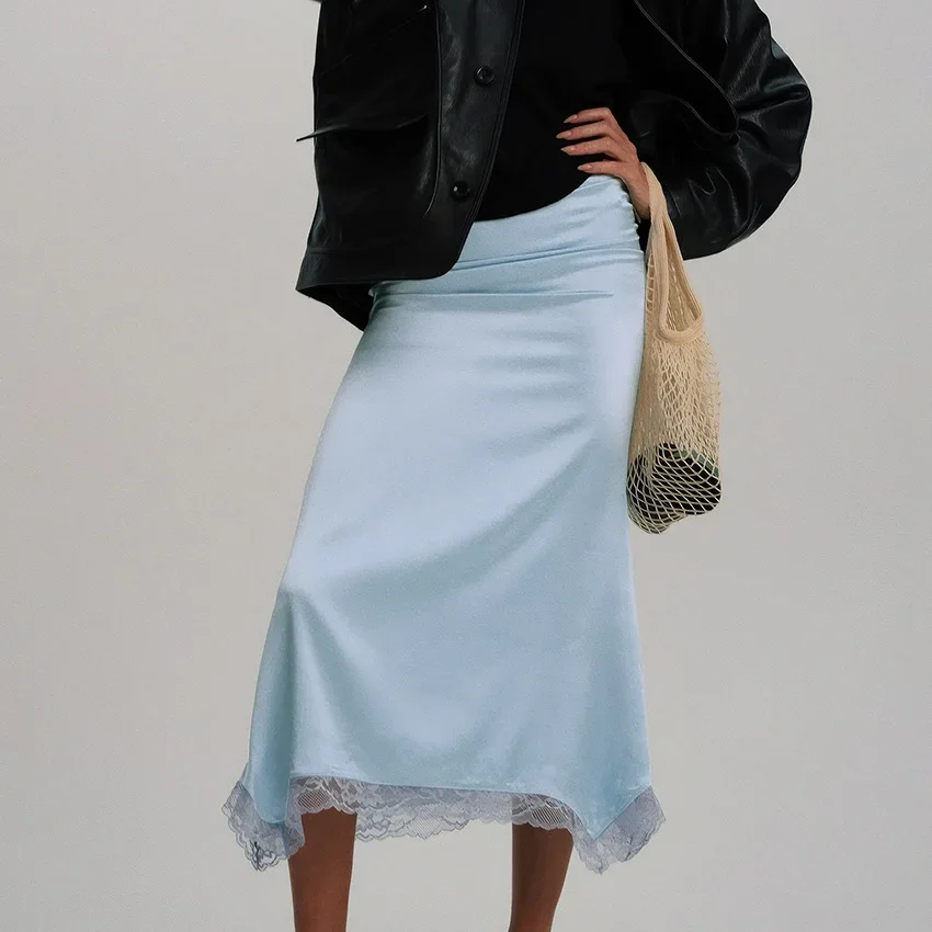 2025 Summer Lace Panel Skirt Asymmetric Hem High Waist A-Line Midi Bohemian Chic Ruffle Trim Slip Skirt