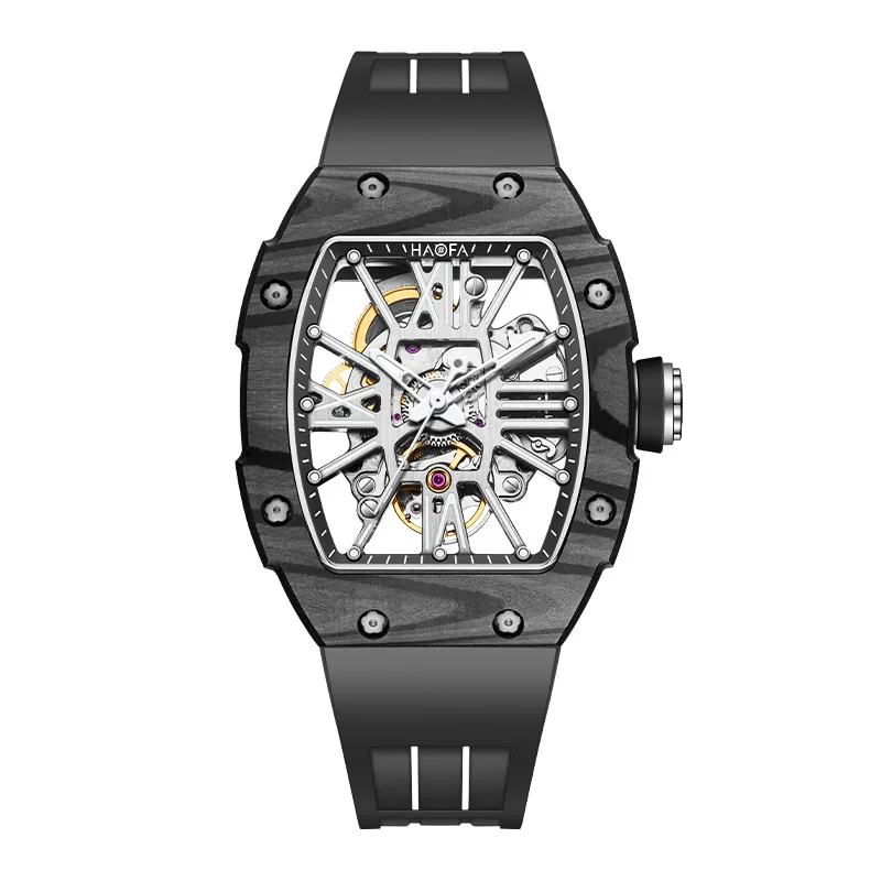 Haofa Mechanical watch Woman Automatic Movement Painted Roman numerals Hollow Skeleton Carbon Fiber Luminous Sport Hardcore 1995