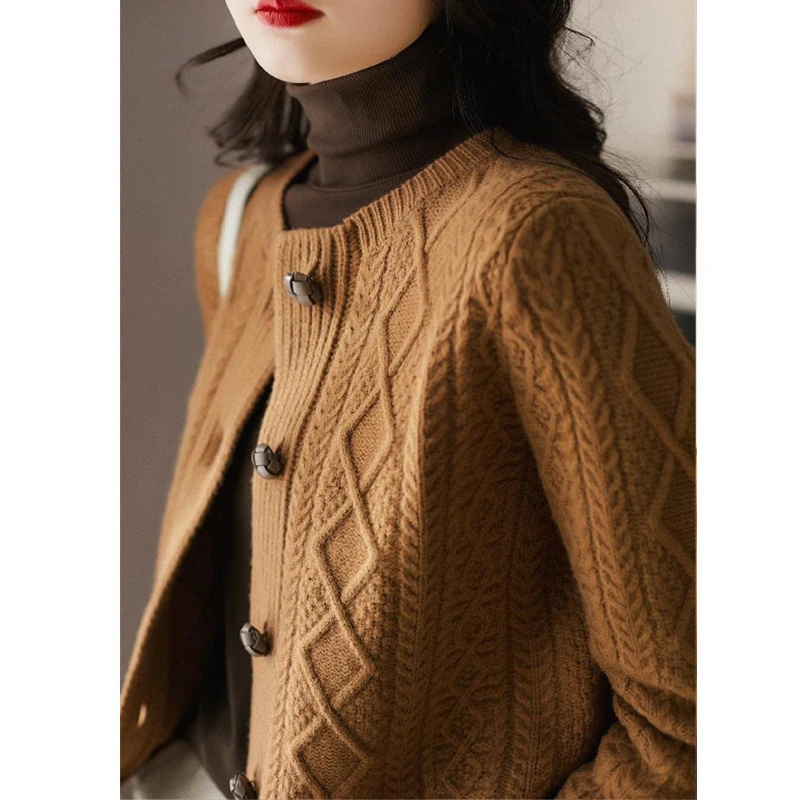 2022 Autumn Winter Women Korean Fashion Vintage Chic Twisted Solid Color Thick Knitted Sweater Cardigan Buttons Long Sleeve Coat