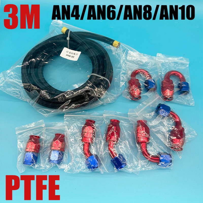 3M/9.8FT AN3 AN4 AN6 AN8 AN10 E85 Nylon PTFE Fuel Hose Oil Gas Cooler Line Pipe Tube 0 45 90 180 Degree Swivel Hose End Fittings