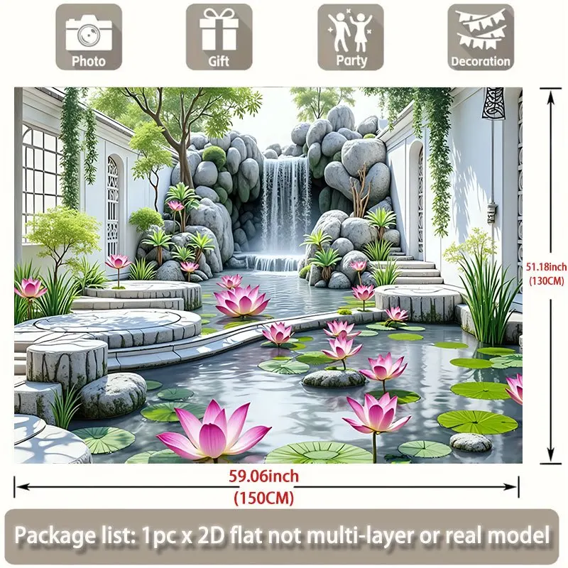 Realistic Waterfall Mural Tapestry Pond Lotus Flower Wall Mural Home Decor Living Room Art Zen Zen Garden Waterproof Poster Prin
