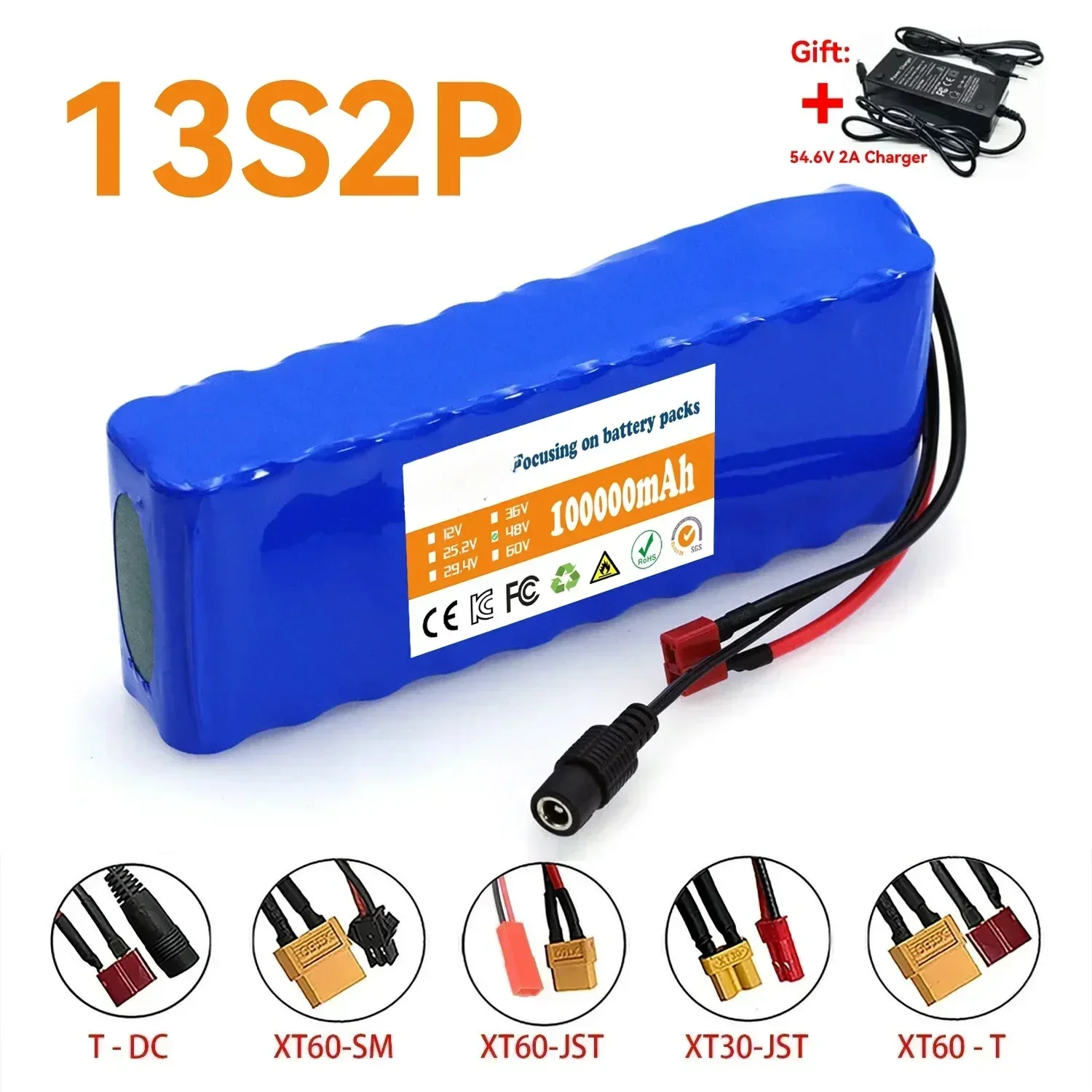 48V 30Ah 18650 Lithium-Batteriepack 13S2P 1000W Hochleistungsbatterie 54,6V 30000mAh BMS + Sicherung