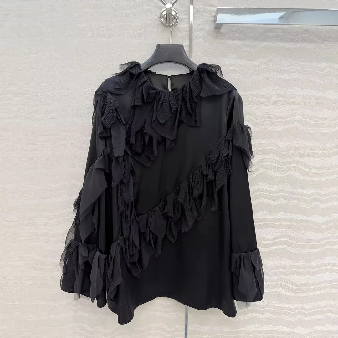 

2026 New French Elegant Lady 100% Silk Shirt Women Chiffon Tassel Patchwork O-neck Long Sleeve Back Diamonds Button Loose Blouse