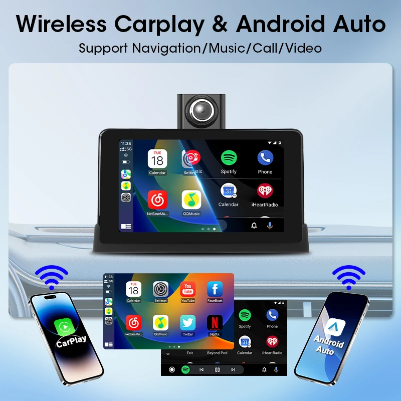 شاشة Carplay AI مقاس 7 بوصات كاميرا داش كام 2.5K مع كاميرا الرؤية الخلفية نظام تحديد المواقع والملاحة 5G WiFi اللاسلكية أندرويد السيارات المزدوجة بلوتوث راديو FM AUX