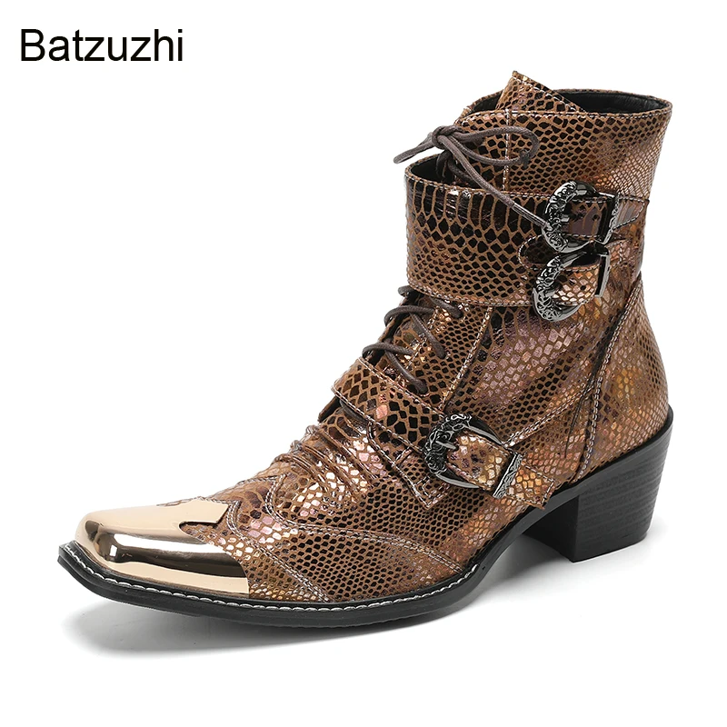 

Batzuzhi Brown Genuine Leather Ankle Boots for Men Handmade Men's Boots Western Cowboy Lace-up Buckles Zip Knight/Party Botas!