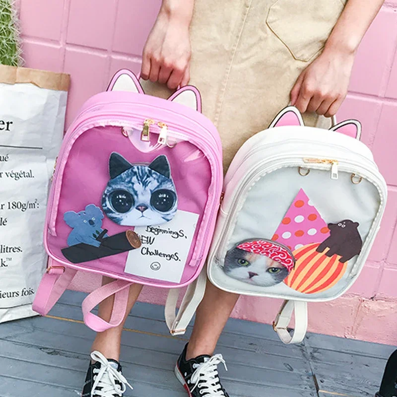 Lovely Cat Ear Leather Backpacks Candy Color Transparent Bag Women Shoulder Bags School Teenage Girls Travel Bagpack Itabag