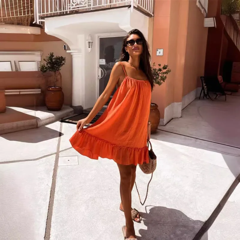 Summer New Solid Color Backless Sleeveless Loose Ruffle Women Night Dress Fashion Outerwear Multiple Colors 3 XL Size Suspender