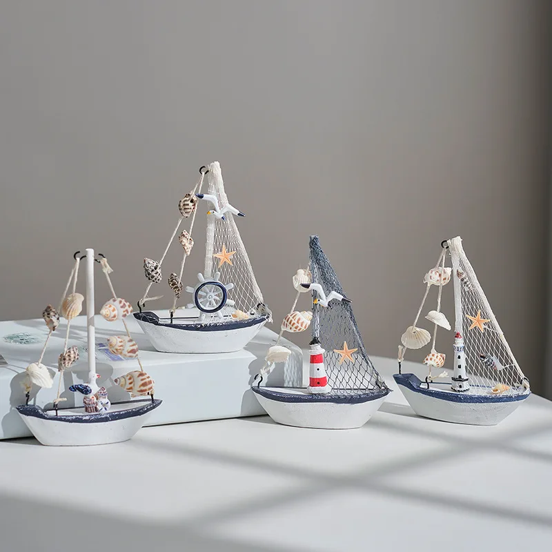 1pc Mini Mediterranean Style Marine Nautical Wooden Blue Sailing Boat Ship Wood Crafts Ornaments Party Room Home Decoration