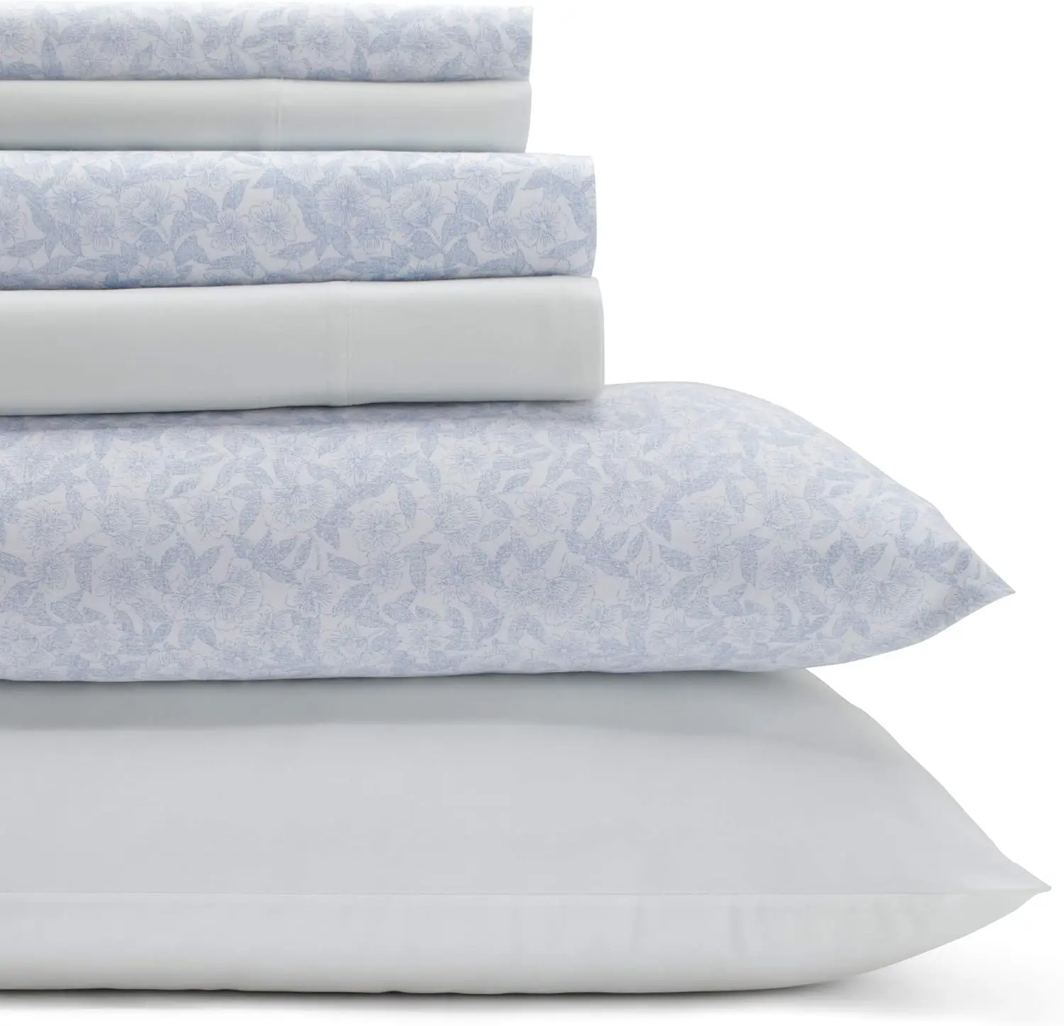 

King Cotton Percale 6-Piece Bedding Set with Floral & Solid Blue Design