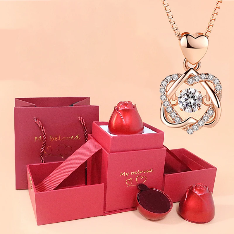 Beating Heart Luxury Zircon Necklace With Lift Rose Gift Box For Girlfriend 2023 New In Christmas Valentine Gift Fashion Jewelry