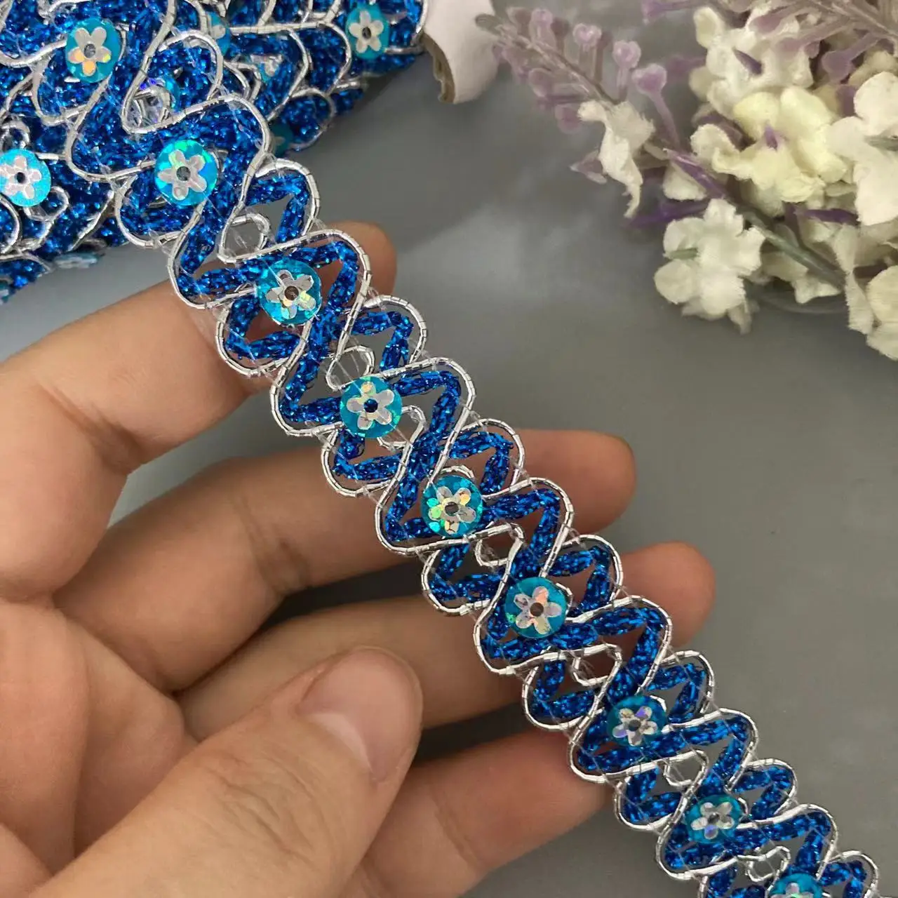 1 Meters Sky Blue Sequin Wave Gold Glitter Lace Trims Filigree S-Shaped Bead Webbing Dance Craft Accessories 1.8cm Sewing