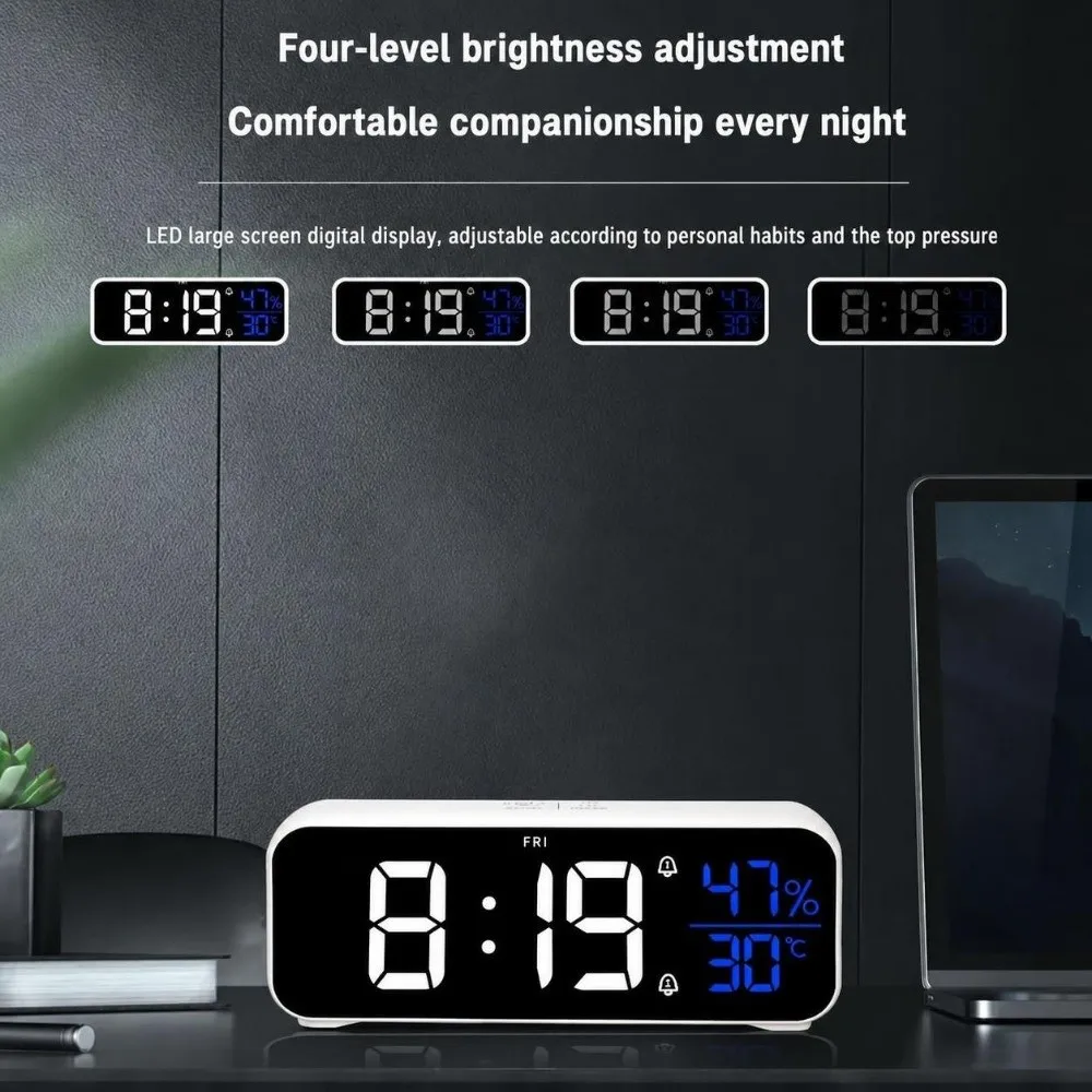 USB Charging Digital Alarm Clock Black White Temperature Display LED Alarm Clock Mirror Surface LED Screen Electronic Clock