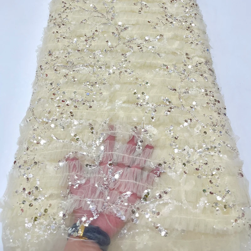 French luxurious lace mesh fabric, African high-quality double lace, beaded, branch and sequin embroidered lace fabric dress